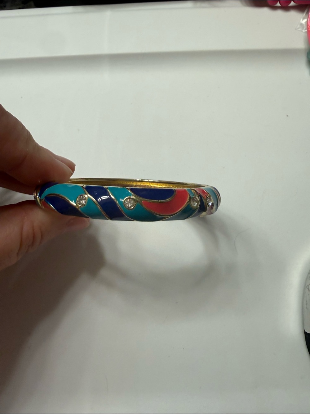 Multicolor Enamel Wave Bangle Bracelet with Crystal Accents